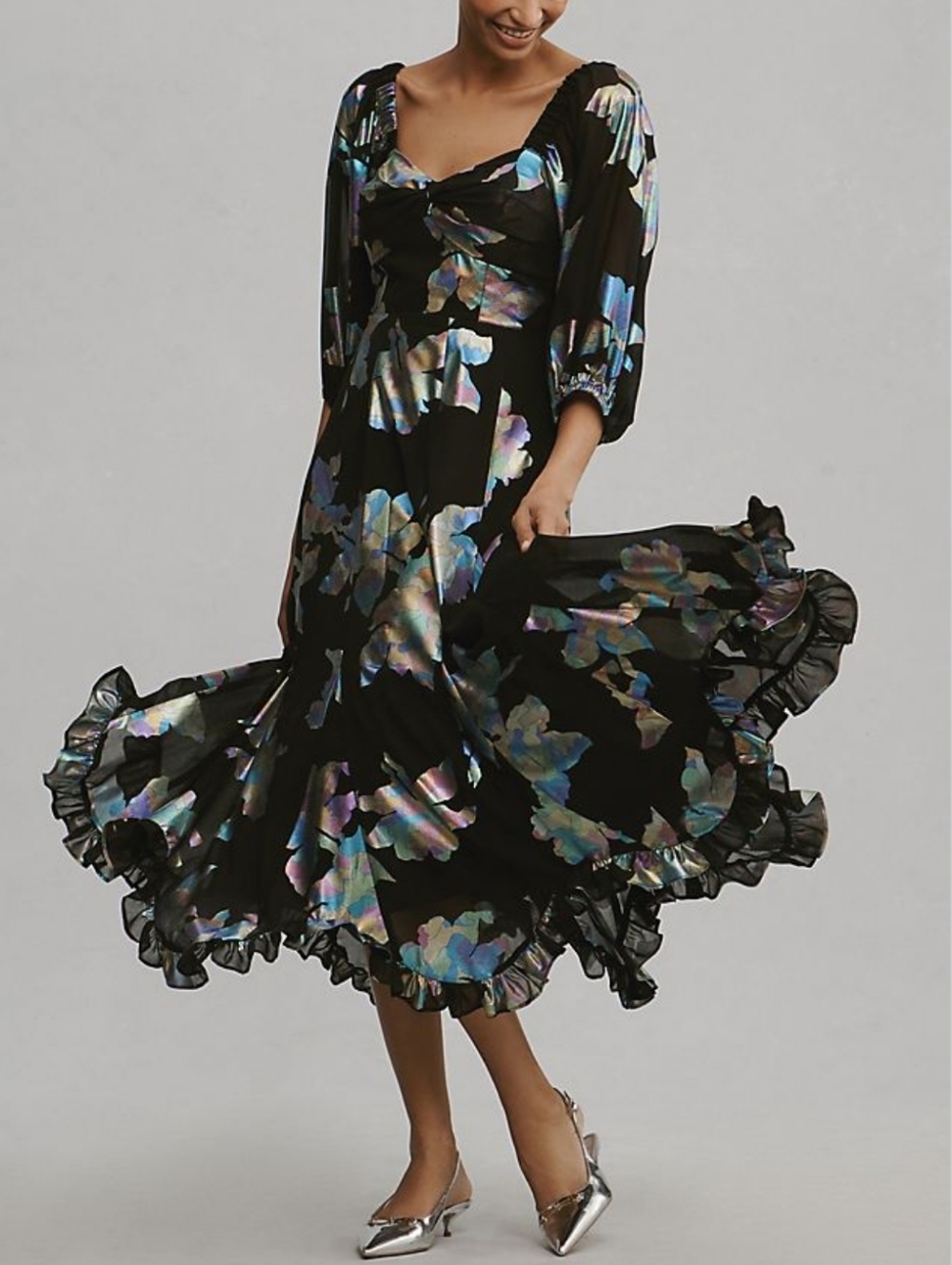 NWT Anthropologie Hutch Black Pink Floral Iridescent Twist Front Midi Dress
